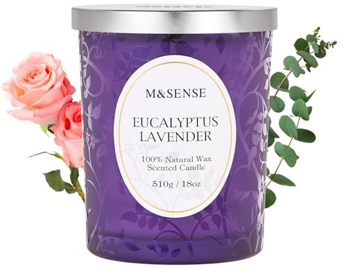 M&SENSE Duftkerze Groß 510g, Eukalyptus Lavendel Duftkerzen im Glas,100h Lang Brennende, Knisternder Docht Kerze, Holzdocht Kerzen, Natürliche Vegane Sojawachs Duftkerzen für Männer und Frauen
