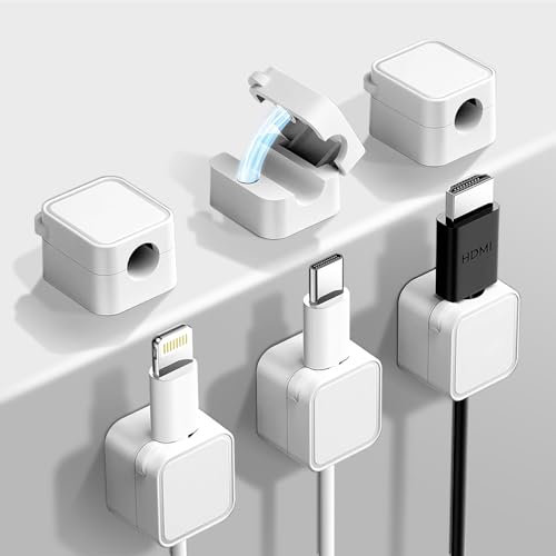 GeeMiLo Kabelhalter Kabelclips Kabelorganizer, 6 Stück Kabelmanagement, Magnetische Kabelklemmen, Selbstklebend Cablemanagement für Netzkabel/HDMI/Ladekabel/USB, Schreibtisch/Nachttisch (Weiß)