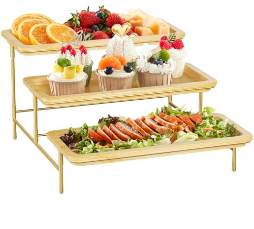 Lifewit Bandeja de servir de bambú de 3 niveles, 30 x 17 cm, bandeja de servir con soporte de metal dorado para suministros de fiesta, accesorios de bufé, grandes bandejas reutilizables para verduras