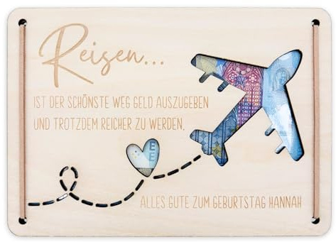 Reise Geldgeschenk personalisierte Holzkarte als Reisekasse zum Geburtstag | Personalisiert, Geldverpackung aus Holz, 12 x 17 cm, Reisegutschein & Urlaubskasse, Geschenkkarte