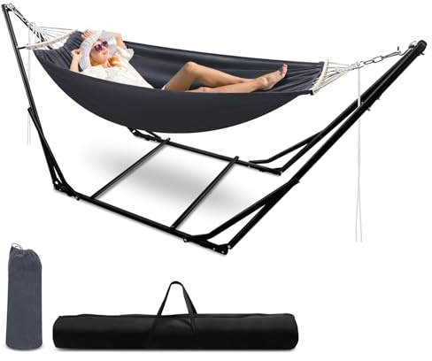 Eikuavons Hängmatta med ram, hängstol med fällbart ställ, justerbar hängmatta ram upp till 150 kg, utomhus hängmattor, metallram, hängande matta, vikbar för utomhus/inomhus