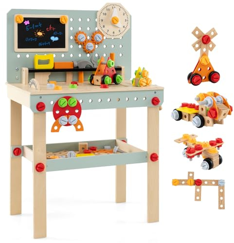 COSTWAY Set di Attrezzi per Bambini, Banco da Lavoro in Legno con Set di Attrezzi e Orologio Incantevole, Tavolo Realistico per Bambini e Bambine dai 3 Anni in Su