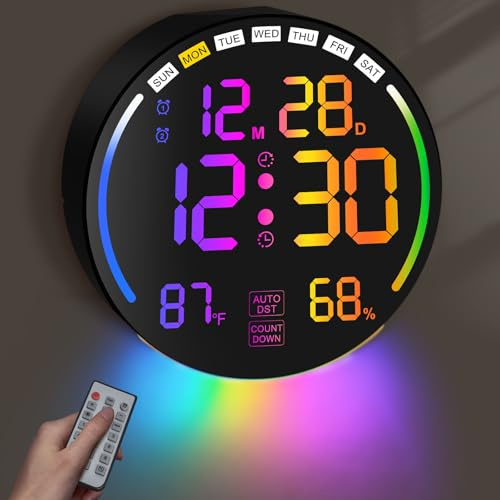 Pytha Sight digital väggklocka, 10,2 tums digital klocka, stor display med fjärrkontroll, nedräkningstimer, RGB-nattlampa, automatisk ljusstyrka, larm, DST, fuktighet, temp för vardagsrum, present