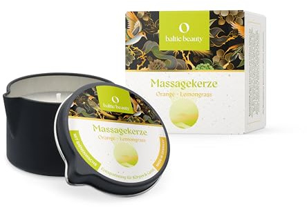 Baltic Beauty Massagekerze Orange & Lemongrass – Massageöl-Kerze schmilzt zu warmem Massage-Öl – belebender Zitrus-Duft – mit Bienenwachs – Geschenk, Dose mit Ausgießer, 80 ml