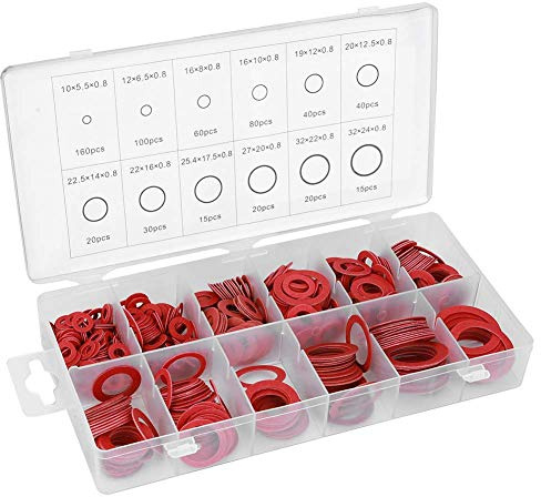 CYTGOUPER 600 Stück Fiber Flachdichtung Set, Red Gasket set aus Sicherungsring mit Guter Dichtwirkung, 12 Grössen Dichtungsringe Set mit Kunststoffbox für Gipskartonplatten, Zäune
