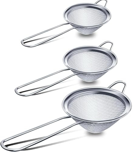 Masterbrand Fine Mesh Strainer Set of 3 (7cm) (8.5 cm) and (10cm) – Stainless-Steel Tea Sieve for Cups, Cocktail & Baking Sifter with Long Handle & Hook – Rust-Resistant, Dishwasher Safe