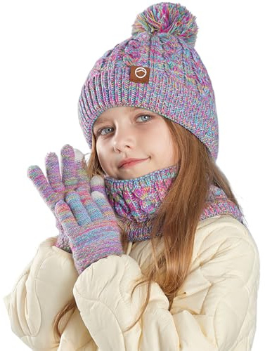 KIRAAT Kids Winter Pom Beanie Hat Scarf Gloves Set,Toddler Girls Warm Knitted Fleece Lining Slouchy Cap for 3-10 Years (Rainbow, One Size)