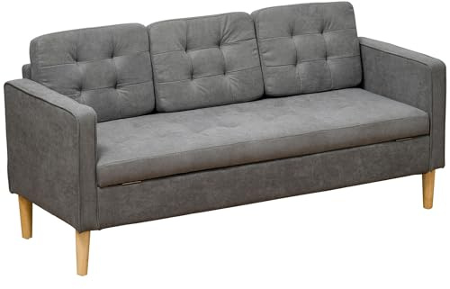 HOMCOM Canapé 3 Places en Flanelle Neige 166,5 cm, canapé Moderne, Rangement caché, Dossier capitonné, Assise et accoudoirs rembourrées, Pieds en Bois d'hévéa, pour Salon, Chambre, Petit Espace, Gris