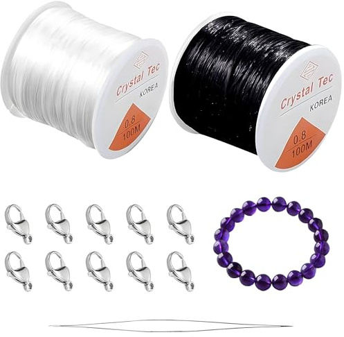 2 rotoli di nastro elastico per bracciali, 0,8 mm, 100 m, colore nero + cristallo, facile da usare e ideale per tutti i tipi di perle: creazione di gioielli fai da te, bracciali, collane