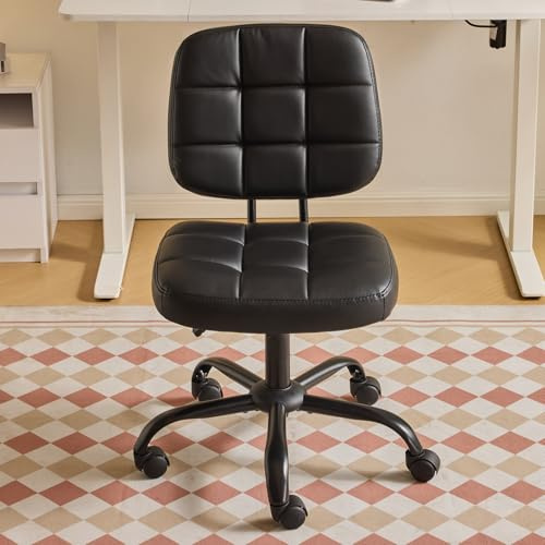 Bonnlo Bürostuhl ohne Armlehne, Kleiner komfortabler schreibtischstuhl mit Rollen, Drehstuhl Höhenverstellbar für Büro, Schlafzimmer, Arbeitszimmer, Schminkstuhl aus Leder, Schwarz