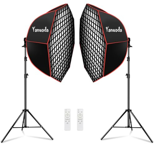 Octagonale Softbox 2er-set 37 tum – 110 W dimbar LED för studio, CRI 97 2700K-6500K, med stativ 200 cm, diffusor och galler, fotobelysning set för TikTok-streaming, porträtt
