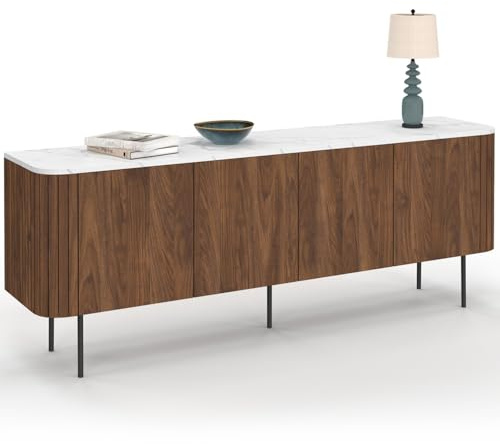 IDMarket – Aparador bajo 160 cm Marla 4 puertas efecto nogal y listones y bandeja mármol blanco Alaska