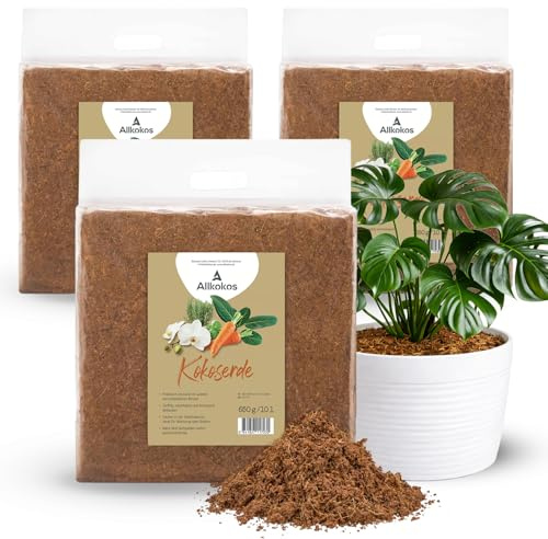 Allkokos 3x650g hochwertige Kokos-Erde für Pflanzen & Blumen | Block quillt direkt in der Verpackung auf ca. 10l Blumenerde auf, torffreies Kokos-Substrat für Kräuter, Gemüse & Blumen