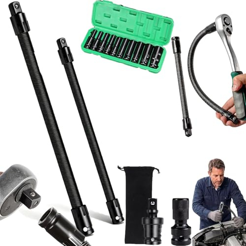 Qosigote 1/2 Flexible Shaft Extension Extender Torque Socket – Bendable Flexible Socket Extension, 250/350mm, 360° Spring-Loaded for Hard-to-Reach Bolts & Impact Wrench (250+350MM,#C)
