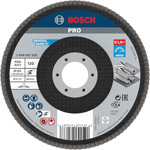 Bosch PRO X571 Fächerschleifscheibe, gerade, 125 mm, K40 | für Stahl, Edelstahl, Körnung 120, Professional Zubehör Kleiner Winkelschleifer