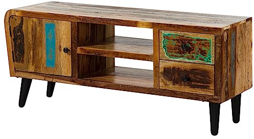 MASSIVMOEBEL24.DE | Sixties TV-Board aus Massivholz #102 Altholz - Mehrfarbig, lackiert mit 2 Schubladen + 1 Tür + offene Fächer 150 x 40 x 86 cm Lowboard