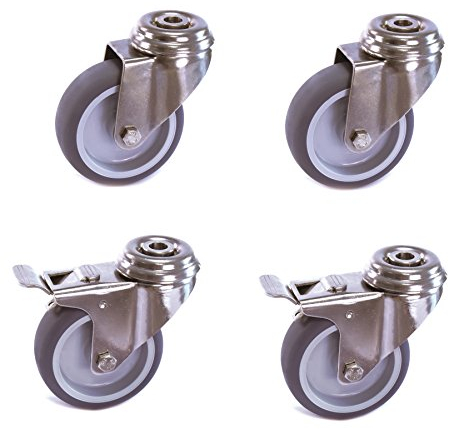 Satz Edelstahlrolle 75 mm Gummi grau spurlos Rückenloch mit ohne Bremse V2A INOX Transportrolle Apparaterolle aus Edelstahl