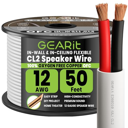 GEARit Car Speaker Wire 12 gauge, UL CL2 Rated Speaker Cable, 2×4mm² Audio Cable with Polarity Mark, OFC Copper Wire 12 AWG for In-Wall Home Theater Surround Sound, Car Audio Stereo(50FT, White) | 12 AWG White Speaker Cable with Foot Markers,Polarity Marked for In-Wall Home Theater,Car Stereo,Commercial Audio(OFC,White)