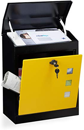 Relaxdays Briefkasten groß, Stahl, Sicherheits-Klappe, Schloss, HxBxT: 53 x 43,5 x 26 cm, Wandbriefkasten, Schwarz-Gelb