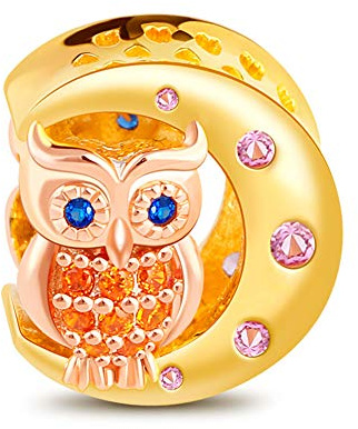 GNOCE Eule sitzt auf Mond Armband Charms Sterling Silber Mr. Wisdom Herr Weisheit Yellow Bead Charms für Tierliebhaber passen Armband/Halskette Schmuck Geschenk für Frauen Herren