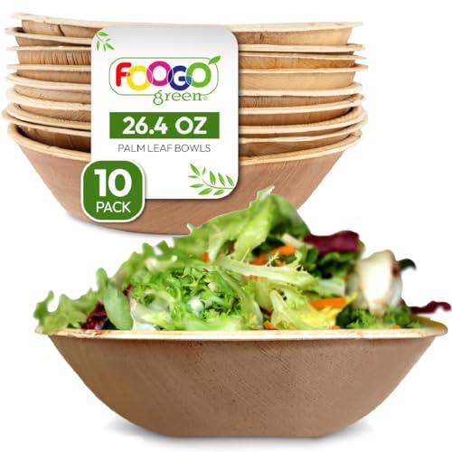 FOOGO Green 10pcs Disposable Palm Leaf Serving Bowls, 8(20cm), 26.5oz (750ml), Deep Round, Biodegradable Compostable, for Salad, Wedding Party, Like Wooden, Bamboo and Paper Bowls
