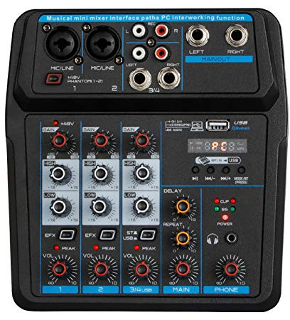AFYH Mesas de Mezcla de Estudio, Mezclador Bluetooth de 4/6 Canales con Tarjeta de Sonido, Escenario para presentaciones en el hogar y Civil, Mezclador de DJ en Vivo pequeño USB,4way