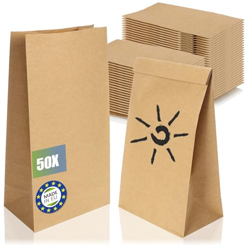 Robin Goods® 50x bruna papperspåsar, presentpåsar gjorda av oblekt kraftpapper, papperspåsar för packning och utdelning av fester (brun - 26x14x8cm - 50 st)