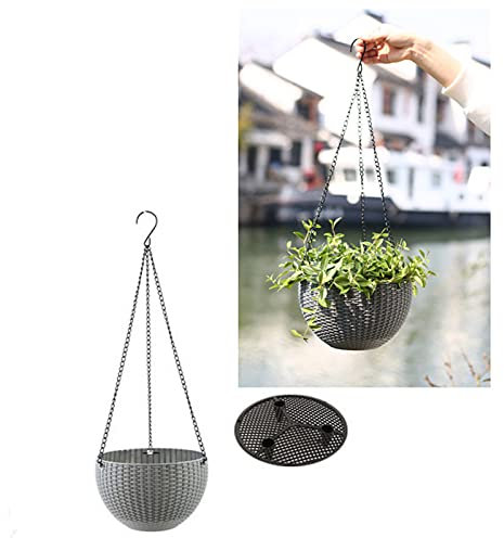 RAILONCH 2 Stück Blumentopf Hängend Balkon Blumenampel, Kunststoff Rattan Hängekorb mit Kettenhaken, Selbstbewässerung Blumenampeln für Garten, Balkon, Fensterbank (Grau-Große,Mit Wassernetz)