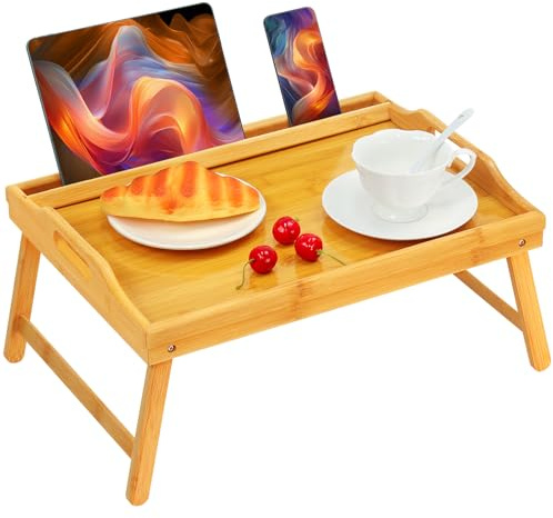 Bed Tray Table Breakfast Trays Serving Tray Bamboo Bed Laptap Floding Legs with Handles and Phone Holders