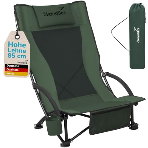 Skandika Strand Campingstuhl Beach | Bequemer Strandstuhl mit atmungsaktivem Mesh, Getränkehalter, niedrig, leicht zu transportieren, max. 136 kg | Faltbarer Klappstuhl, Liegestuhl (schwarz/grün)