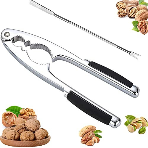 May Huang Nussknacker, Nutcracker, Walnussknacker, Haselnussknacker, Edelstahl Walnussknacker mit Rutschfestem Griff Und 1 Pcs Edelstahl Gabeln für Große und Kleine Nüsse, Nussknacker Walnüsse (A)