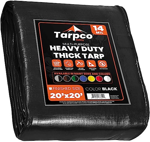 Tarpco Safety Extra Heavy Duty 14 Mil Tarp Cover, Waterproof, UV Resistant, Rip and Tear Proof, Poly Tarpaulin with Reinforced Edges for Roof, Camping, Patio, Pool, Boat (Black 20′ X 20′)