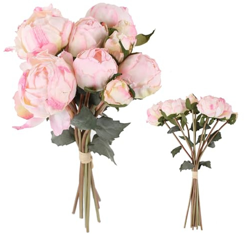 ICBOX Rosa pioner konstgjorda blommor 2 buketter vintage pioner 18 st rosa pioner med enkla långa stjälkar, silkesblommor för bröllopsdekoration, brud bukett blommor hantverk, blomsterarrangemang
