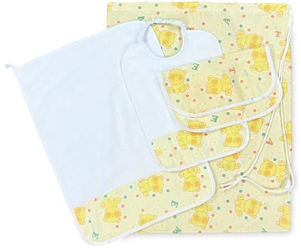 Tex family Set Asilo Pierino 4 Pezzi Sacco e Asciugamano e Bavaglino e BUSTINA Disegno Orsetto - Giallo