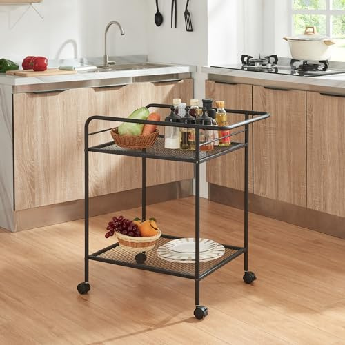 [en.casa] Carro de Servicio con 2 Estantes de Rejilla Carrito de Camarera Rectangular con Barra Anticaída Carrito de Cocina Baño con 4 Ruedas Metal 72 x 62 x 45 cm - Negro