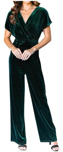 HAOLEI Velvet Playsuit for Women Elegant V Neck Romper Wide Lge Short Sleeve Jumpsuit High Waist Belted Dungarees Velour Petite Overalls Wedding Party Clubbing Jumpsuits