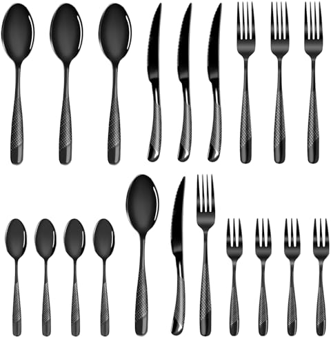 FANTICDE Cutlery Set, 20 Piece Stainless Steel Black Flatware Set for 4, Elegant Tableware Silverware Include Knives Forks Spoons, Hammered Silverware Set, Mirror Finish, Dishwasher Safe