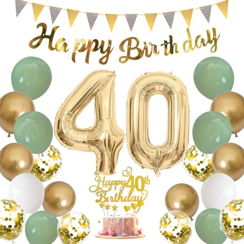 Moorle 40. Geburtstag Deko für Frau und Mann - Salbeigrüne Dekoration mit Luftballons, Party Ballons, Banner, Flaggen und Tortendeko