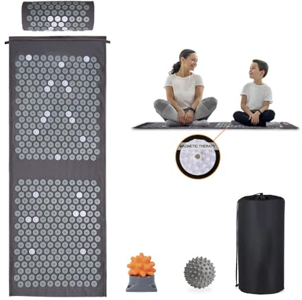 Loboo Idea XL Acupressure Mat and Pillow Set, Extra Long Yoga Acupressure Mat Set for Neck and Back Pain Relief, Stress Relief Gifts for Man and Women (Grey, Extra Large)