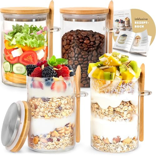 EDELHAUS Overnight Oats/Vorratsgläser mit Deckel, Etiketten & Löffeln (4 x 500ml) – Gewürzgläser, Behälter für Haferflocken | Auslaufsicher für Müsli, Joghurt, Chia-Pudding, Zucker und Salz
