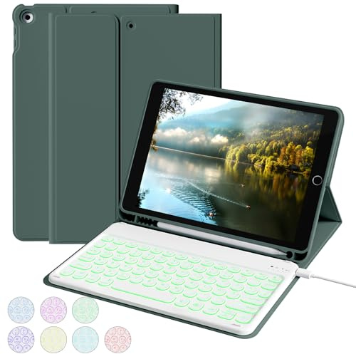 aoub Tastatur Hülle für iPad 9./8./7. Generation 10,2 Zoll 2021/2020/2019 | Kabellose QWERTZ Tastatur Hülle mit Stifthalter für iPad 10,2 9/8/7 Gen, 7 Farben Beleuchtung, Dunkelgrün