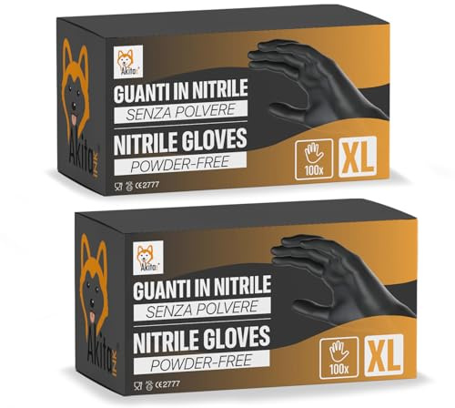 AKITAInk Guanti in Nitrile Neri senza polvere, senza lattice - Ipoallergenici, Resistenti, Ideali per Ambiti Medici e Alimentari per Estetisti, Tatuatori, Ambiti Medici, guanti per alimenti (200, XL)