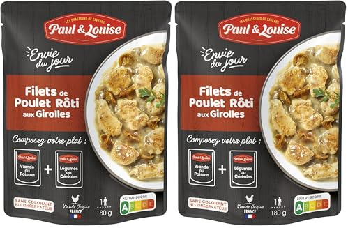 Paul & Louise Envie Du Jour - Filets de poulet rôti aux Girolles 180g - Sachet micro ondable - Prêt en 2 min - À combiner avec nos sachets d'accompagnements - Légumineuses ou Céréales (Lot de 2)