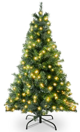 SA Products 4ft Pre-Lit Artificial Christmas Tree – 400 Alaskan Pine Tips - Christmas Tree with 200 Vibrant LED Lights, 8 Lighting Modes & Timer, Slim PVC Xmas Tree for Small Spaces & Holiday Decor