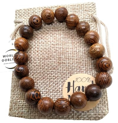 WORLD GOBLINS Pulsera Palo Santo 10mm Eláctica Rosario de Madera Natural Budista para Meditación y Yoga Hecha a Mano. Brazalete Adaptable, Joyería Espiritual (Palo Santo10mm)