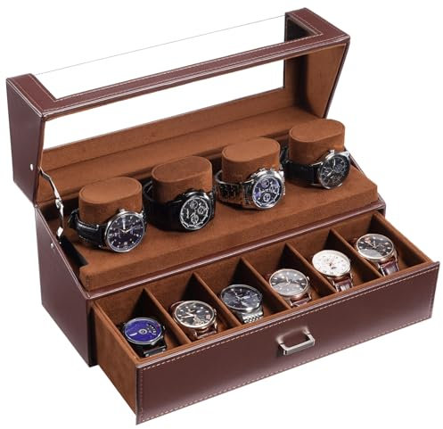ProCase Uhrenbox 2 Ebenen, Uhrenschatulle Uhrenaufbewahrung für Männer, Uhrenkasten Uhrenkoffer mit 10 Uhrenkissen, Watch Display Case Watch Box - Espresso