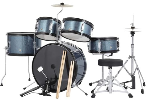 Senfot Schlagzeug Set für Musikinstrumente, fünfteiliges Schlagzeug mit Bassdrum, Tom-Tom, Snare, Becken, Hi-Tone Drum, Sticks, Basispedal und Hocker, Anfänger-Set, Blau