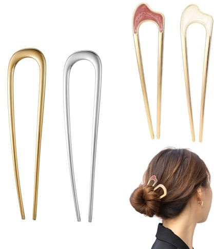 YFaith 4 Pièces Épingles à Cheveux U Bâton, Épingles à Cheveux Françaises en Métal en Forme de U, Métal Rétro Pince Chignon, 2 Couleurs et Styles, pour Coiffure, Décoration et Cadeaux