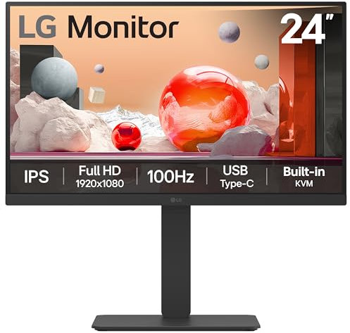 LG Monitor 24BA650 - FHD 1080p IPS 24 inch, 100Hz, 5ms, Office Display, Built-in Power/KVM/Speakers, USB-C, USB Hub, D-Sub, HDMI, DisplayPort, Matte Black