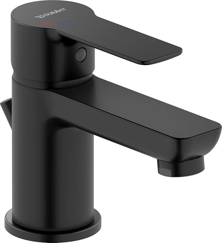 Duravit D-kod tvättställskran, storlek S (pip höjd 125 mm), energisparande handfatskran (FreshStart), vattenbesparande kran (MinusFlow), med dragstång avloppsarmatur, svart matt